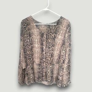 NY Collection Womens Blouse L Tan Gray Snakeskin Mobwife Dressy Casual Office